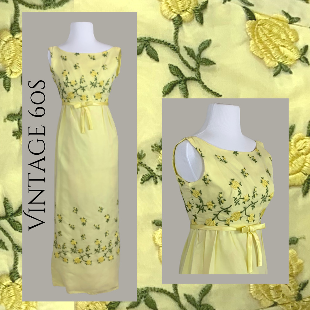 Vintage 50s 60s Bridgerton Jane Austen Regency Midcentury Maxi Yellow Dress ~XS - Picture 2 of 14